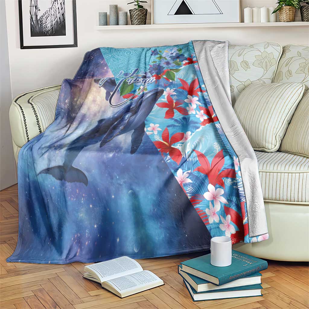 Hawaii Aloha Whales Blanket Hibiscus and Whales with Polynesian Pattern LT03 Blue - Polynesian Pride