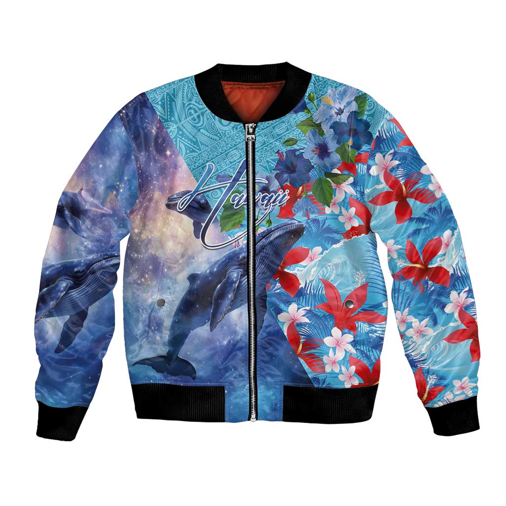 Hawaii Aloha Whales Bomber Jacket Hibiscus and Whales with Polynesian Pattern LT03 Unisex Blue - Polynesian Pride
