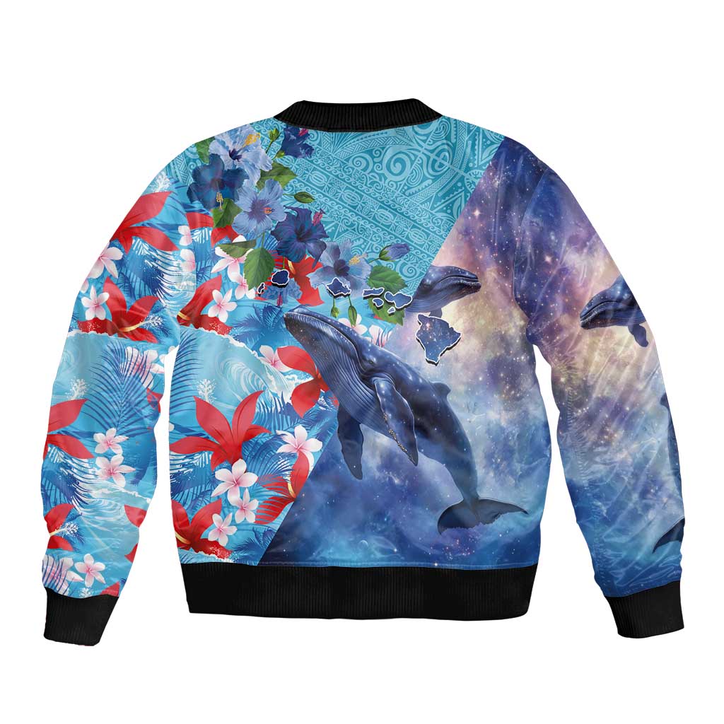 Hawaii Aloha Whales Bomber Jacket Hibiscus and Whales with Polynesian Pattern - Polynesian Pride