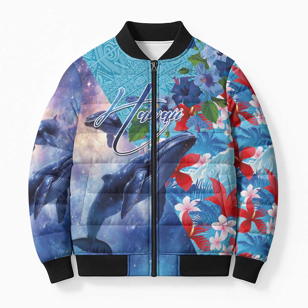Hawaii Aloha Whales Bomber Puffer Jacket Hibiscus and Whales with Polynesian Pattern LT03 Unisex Blue - Polynesian Pride