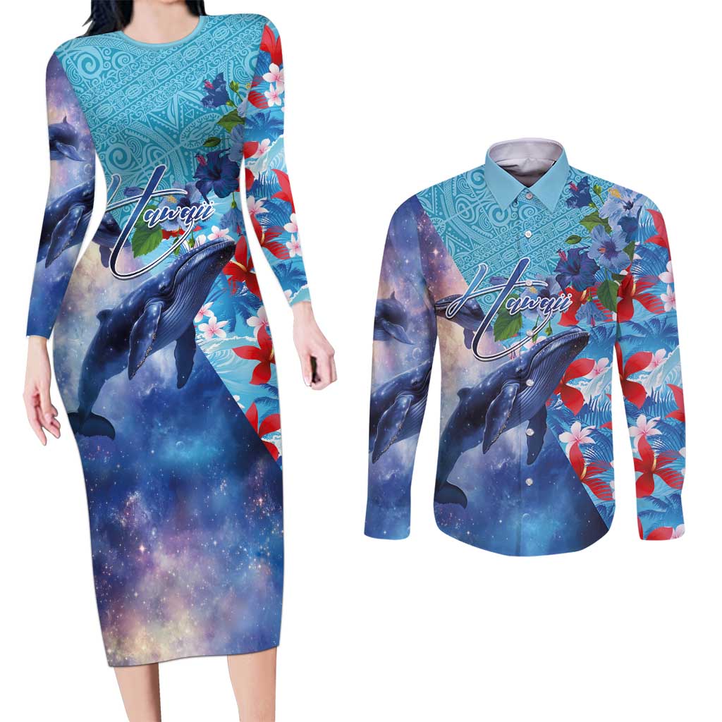 Hawaii Aloha Whales Couples Matching Long Sleeve Bodycon Dress and Long Sleeve Button Shirt Hibiscus and Whales with Polynesian Pattern - Polynesian Pride