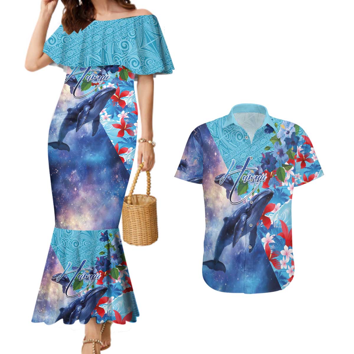 Hawaii Aloha Whales Couples Matching Mermaid Dress and Hawaiian Shirt Hibiscus and Whales with Polynesian Pattern - Polynesian Pride