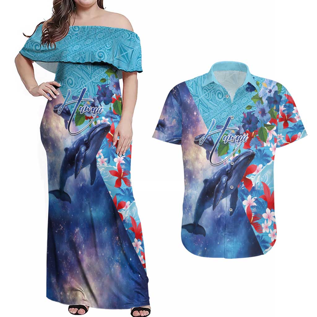 Hawaii Aloha Whales Couples Matching Off Shoulder Maxi Dress and Hawaiian Shirt Hibiscus and Whales with Polynesian Pattern - Polynesian Pride