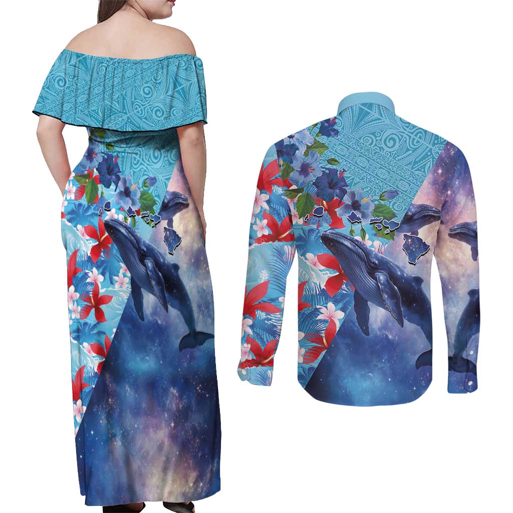 Hawaii Aloha Whales Couples Matching Off Shoulder Maxi Dress and Long Sleeve Button Shirt Hibiscus and Whales with Polynesian Pattern LT03 - Polynesian Pride
