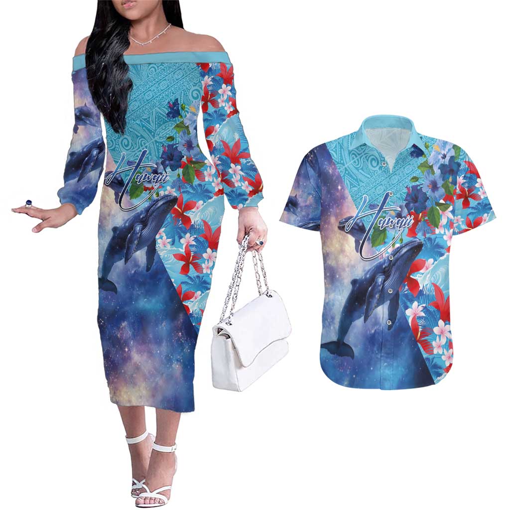 Hawaii Aloha Whales Couples Matching Off The Shoulder Long Sleeve Dress and Hawaiian Shirt Hibiscus and Whales with Polynesian Pattern - Polynesian Pride