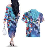 Hawaii Aloha Whales Couples Matching Off The Shoulder Long Sleeve Dress and Hawaiian Shirt Hibiscus and Whales with Polynesian Pattern - Polynesian Pride