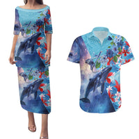 Hawaii Aloha Whales Couples Matching Puletasi and Hawaiian Shirt Hibiscus and Whales with Polynesian Pattern - Polynesian Pride
