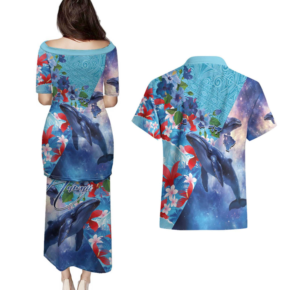 Hawaii Aloha Whales Couples Matching Puletasi and Hawaiian Shirt Hibiscus and Whales with Polynesian Pattern - Polynesian Pride