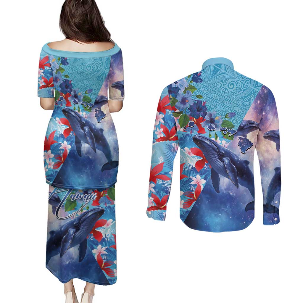 Hawaii Aloha Whales Couples Matching Puletasi and Long Sleeve Button Shirt Hibiscus and Whales with Polynesian Pattern LT03 - Polynesian Pride
