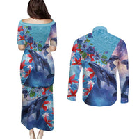 Hawaii Aloha Whales Couples Matching Puletasi and Long Sleeve Button Shirt Hibiscus and Whales with Polynesian Pattern LT03 - Polynesian Pride