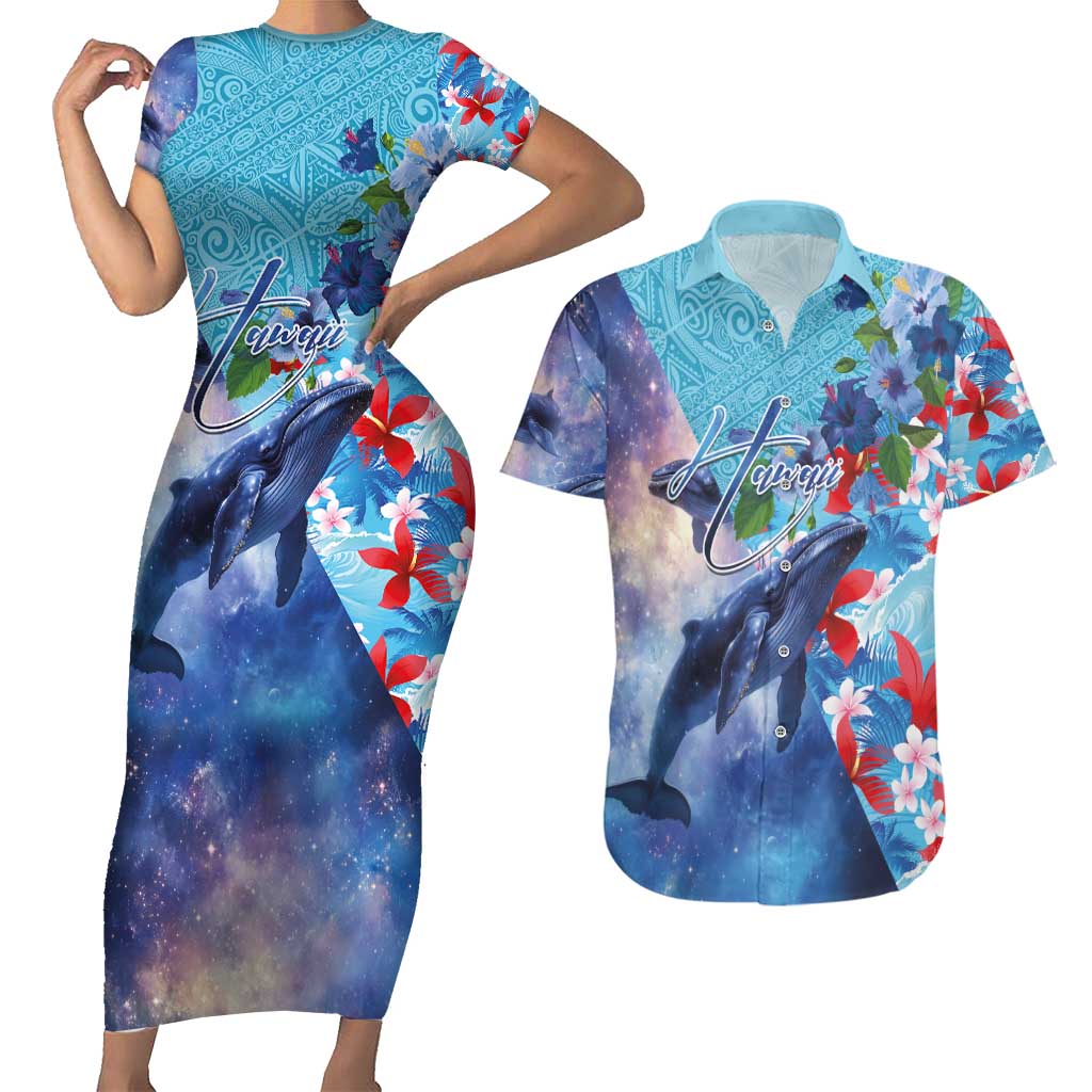 Hawaii Aloha Whales Couples Matching Short Sleeve Bodycon Dress and Hawaiian Shirt Hibiscus and Whales with Polynesian Pattern - Polynesian Pride