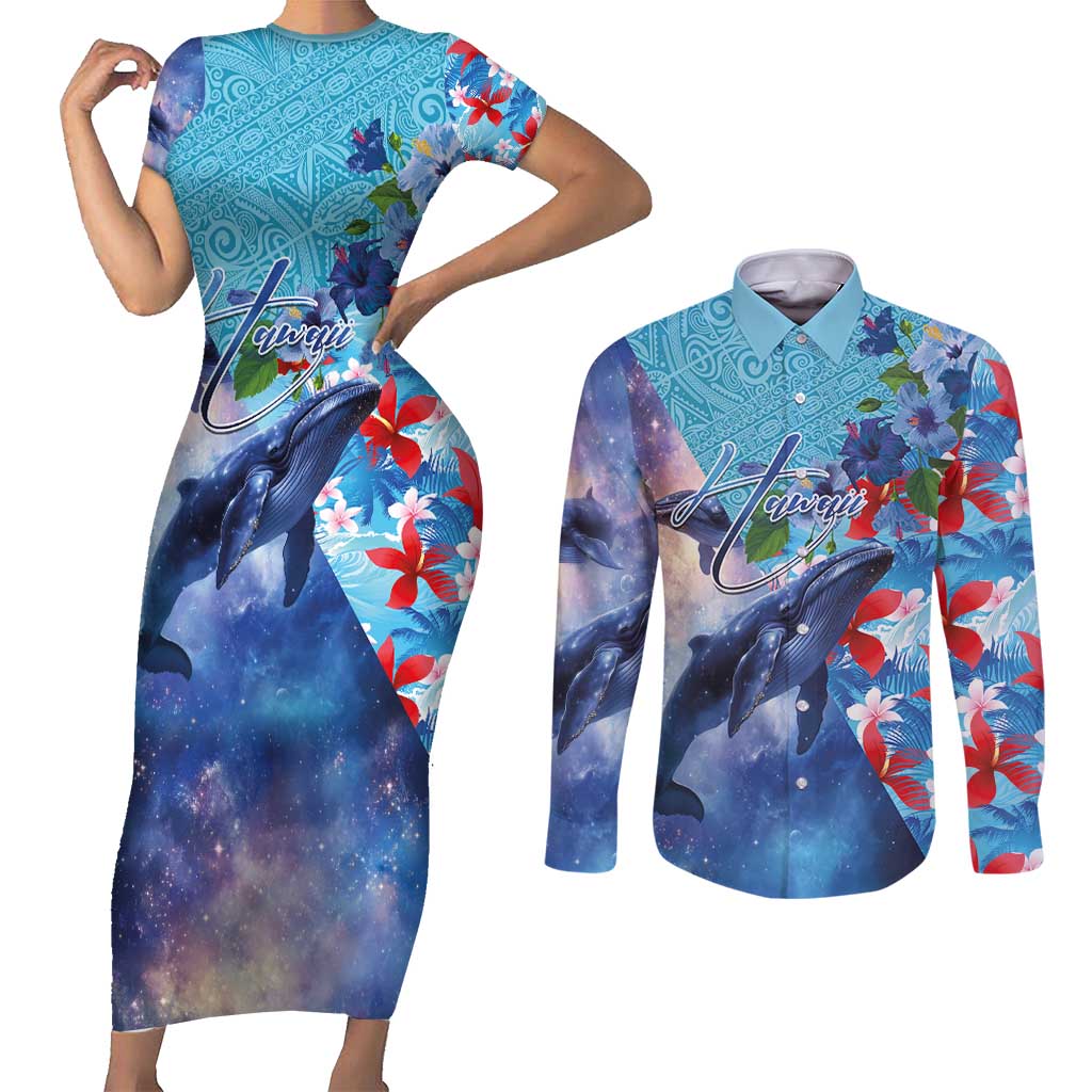 Hawaii Aloha Whales Couples Matching Short Sleeve Bodycon Dress and Long Sleeve Button Shirt Hibiscus and Whales with Polynesian Pattern - Polynesian Pride
