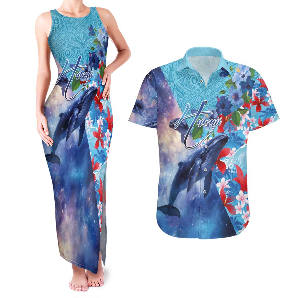 Hawaii Aloha Whales Couples Matching Tank Maxi Dress and Hawaiian Shirt Hibiscus and Whales with Polynesian Pattern - Polynesian Pride