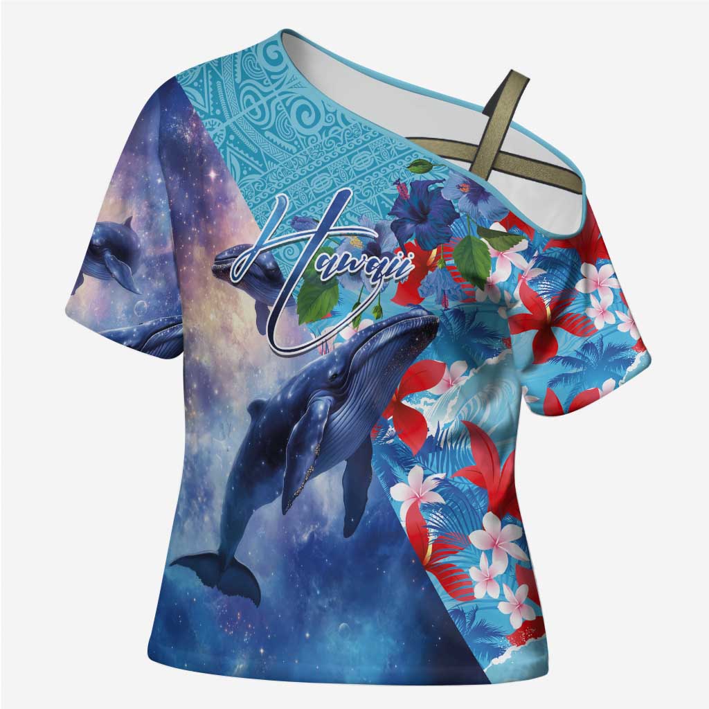 Hawaii Aloha Whales Cross Shoulder Shirt Hibiscus and Whales with Polynesian Pattern LT03 Female Blue - Polynesian Pride