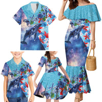 Hawaii Aloha Whales Family Matching Mermaid Dress and Hawaiian Shirt Hibiscus and Whales with Polynesian Pattern - Polynesian Pride