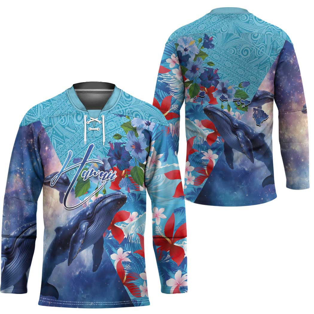 Hawaii Aloha Whales Hockey Jersey Hibiscus and Whales with Polynesian Pattern - Polynesian Pride