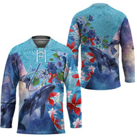 Hawaii Aloha Whales Hockey Jersey Hibiscus and Whales with Polynesian Pattern - Polynesian Pride