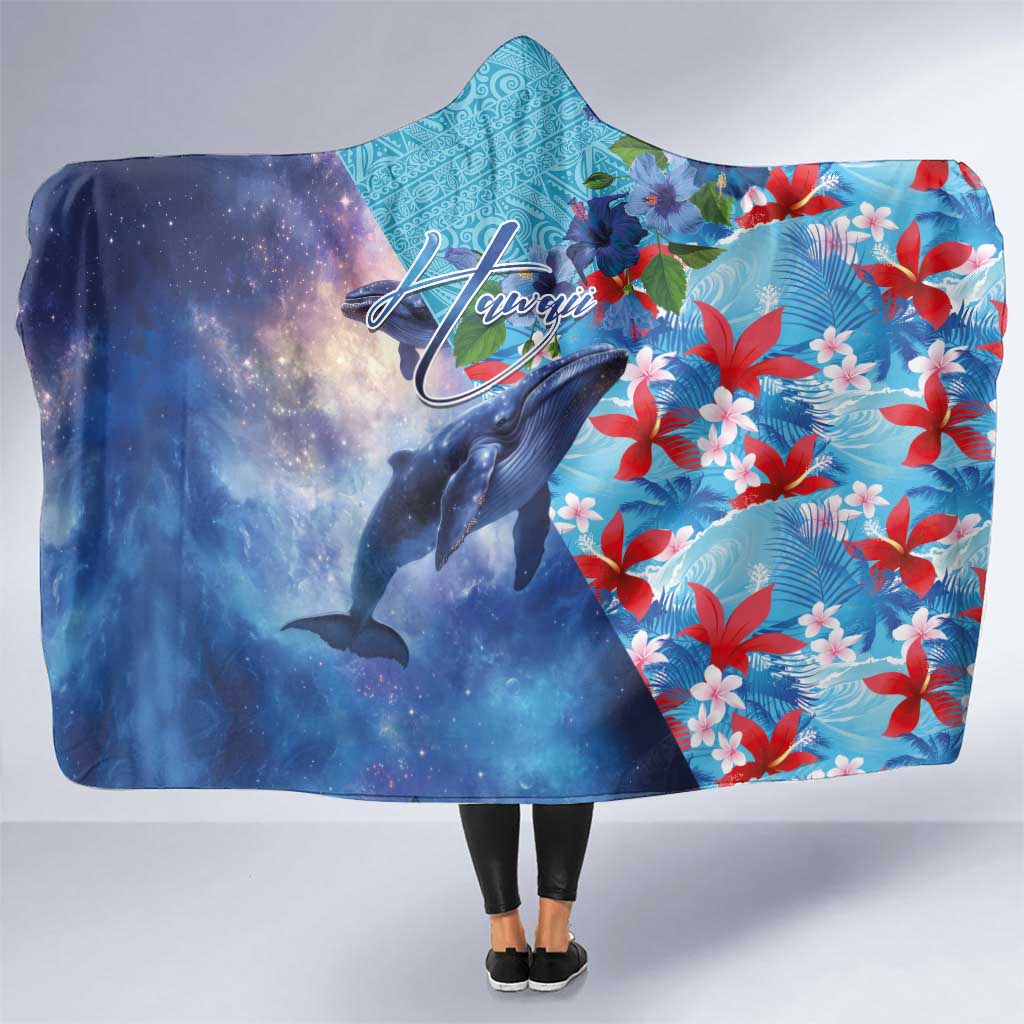 Hawaii Aloha Whales Hooded Blanket Hibiscus and Whales with Polynesian Pattern - Polynesian Pride