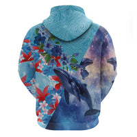 Hawaii Aloha Whales Hoodie Hibiscus and Whales with Polynesian Pattern - Polynesian Pride