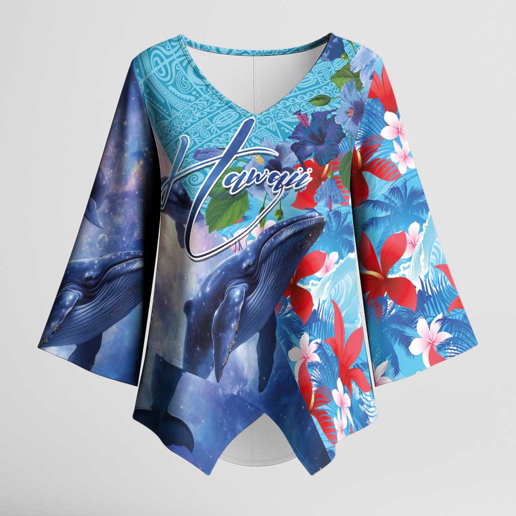 Hawaii Aloha Whales Kimono Sleeve Blouse Hibiscus and Whales with Polynesian Pattern - Polynesian Pride