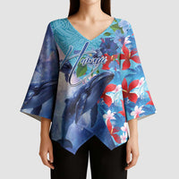 Hawaii Aloha Whales Kimono Sleeve Blouse Hibiscus and Whales with Polynesian Pattern - Polynesian Pride