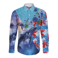 Hawaii Aloha Whales Long Sleeve Button Shirt Hibiscus and Whales with Polynesian Pattern LT03 Unisex Blue - Polynesian Pride