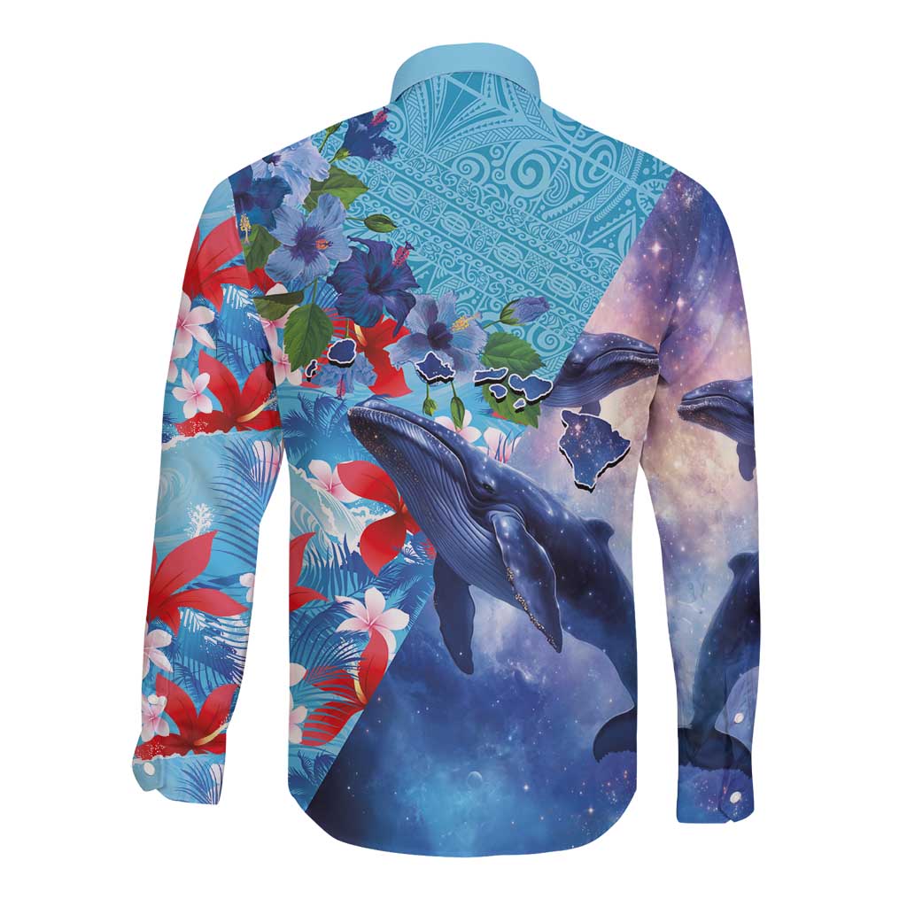 Hawaii Aloha Whales Long Sleeve Button Shirt Hibiscus and Whales with Polynesian Pattern LT03 - Polynesian Pride