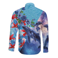 Hawaii Aloha Whales Long Sleeve Button Shirt Hibiscus and Whales with Polynesian Pattern LT03 - Polynesian Pride