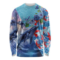 Hawaii Aloha Whales Long Sleeve Shirt Hibiscus and Whales with Polynesian Pattern LT03 Unisex Blue - Polynesian Pride