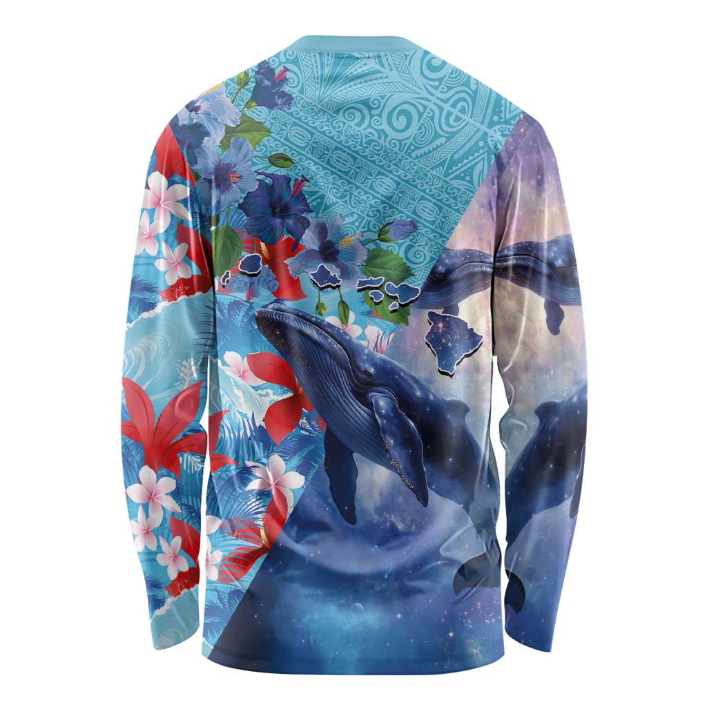 Hawaii Aloha Whales Long Sleeve Shirt Hibiscus and Whales with Polynesian Pattern LT03 - Polynesian Pride