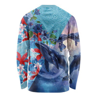 Hawaii Aloha Whales Long Sleeve Shirt Hibiscus and Whales with Polynesian Pattern LT03 - Polynesian Pride