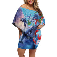 Hawaii Aloha Whales Off Shoulder Short Dress Hibiscus and Whales with Polynesian Pattern - Polynesian Pride