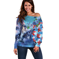 Hawaii Aloha Whales Off Shoulder Sweater Hibiscus and Whales with Polynesian Pattern - Polynesian Pride