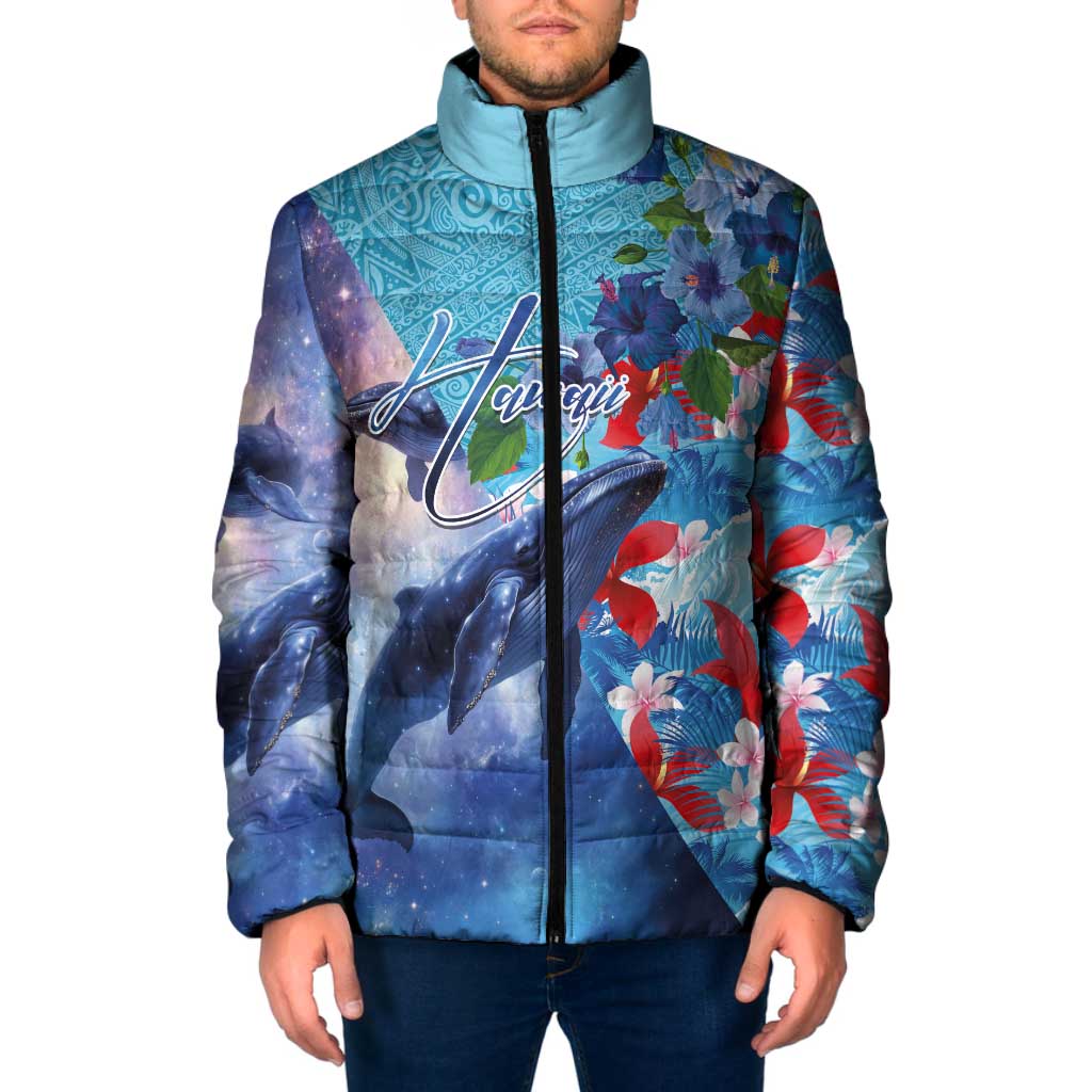 Hawaii Aloha Whales Padded Jacket Hibiscus and Whales with Polynesian Pattern LT03 Men Blue - Polynesian Pride