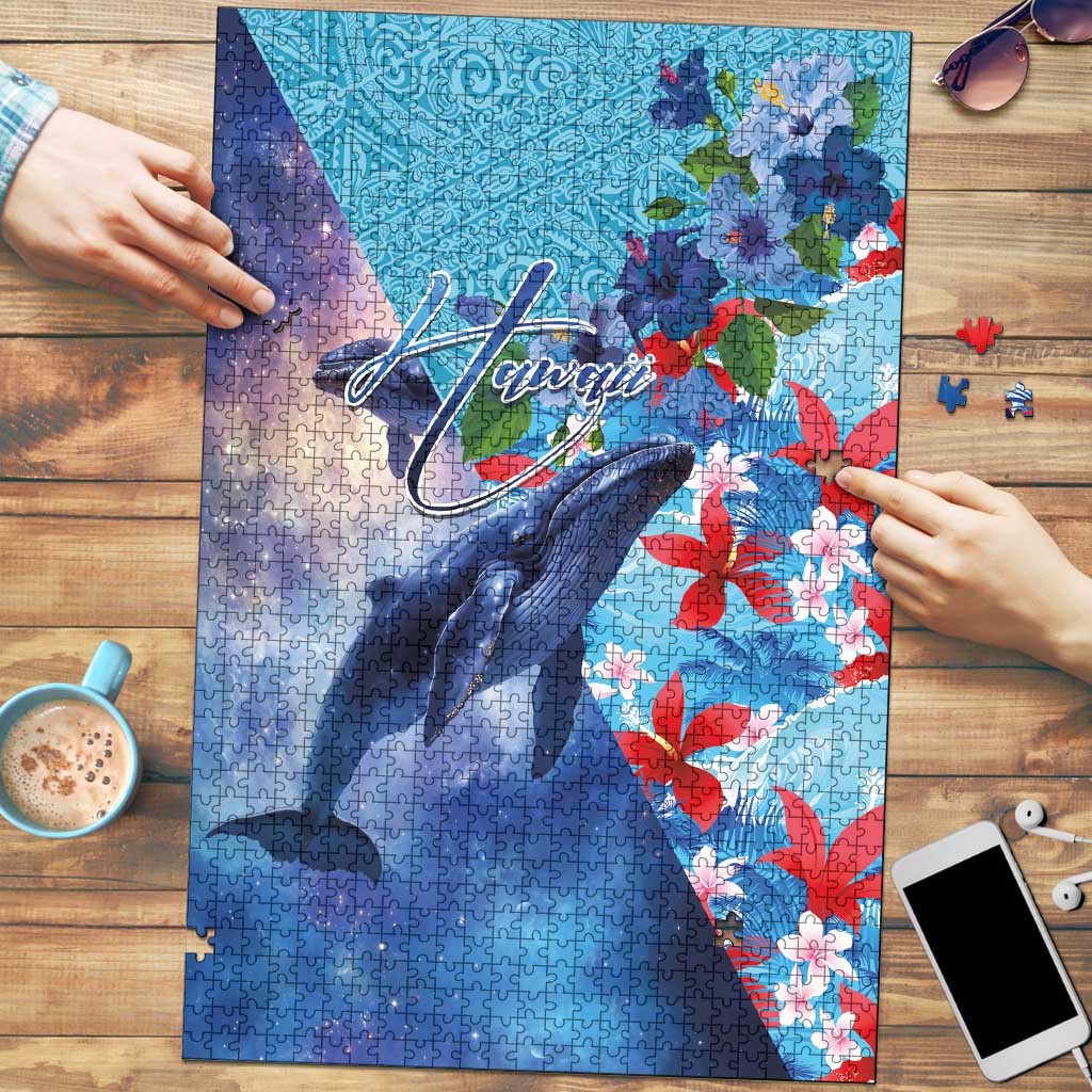 Hawaii Aloha Whales Puzzle Hibiscus and Whales with Polynesian Pattern LT03 Blue - Polynesian Pride