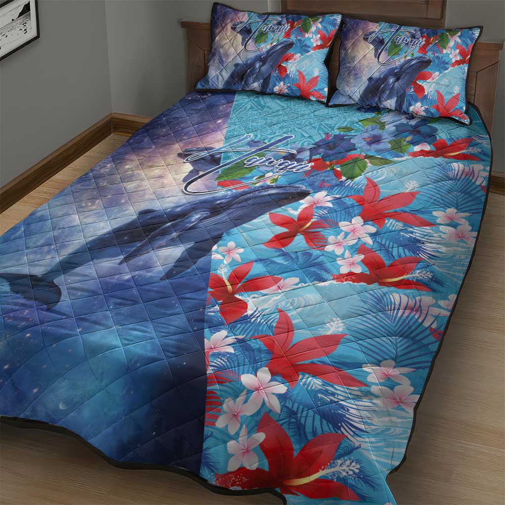 Hawaii Aloha Whales Quilt Bed Set Hibiscus and Whales with Polynesian Pattern - Polynesian Pride