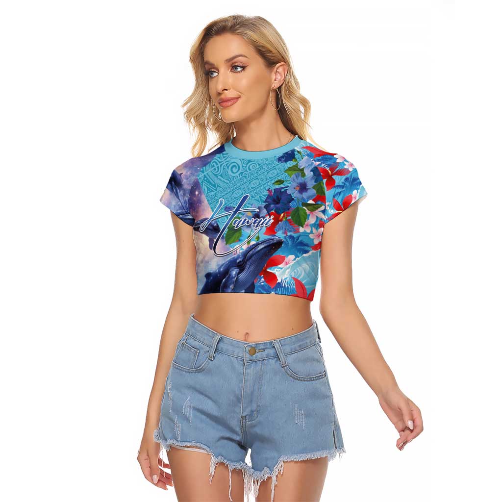 Hawaii Aloha Whales Raglan Cropped T Shirt Hibiscus and Whales with Polynesian Pattern LT03 Female Blue - Polynesian Pride