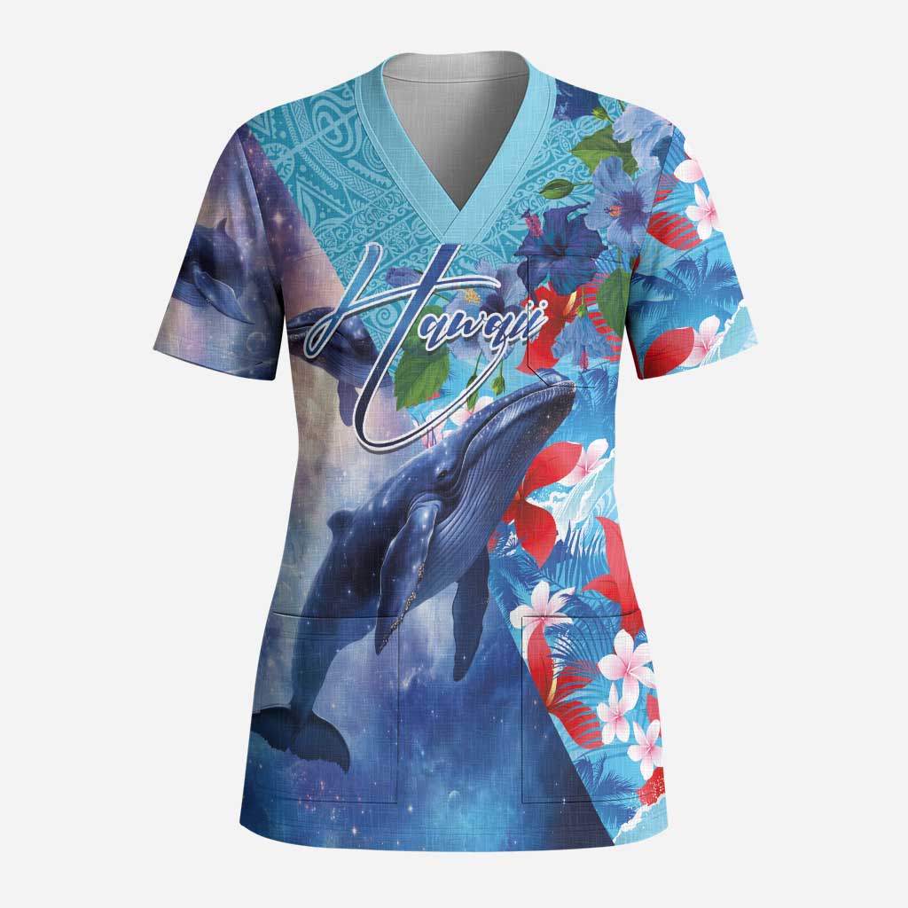 Hawaii Aloha Whales Scrub Top Hibiscus and Whales with Polynesian Pattern - Polynesian Pride