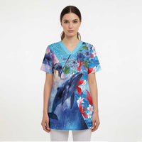 Hawaii Aloha Whales Scrub Top Hibiscus and Whales with Polynesian Pattern - Polynesian Pride