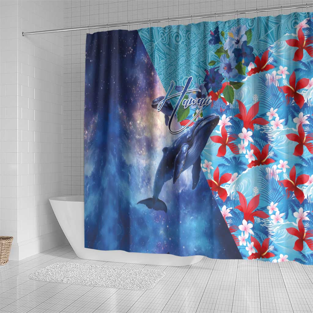 Hawaii Aloha Whales Shower Curtain Hibiscus and Whales with Polynesian Pattern - Polynesian Pride