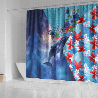 Hawaii Aloha Whales Shower Curtain Hibiscus and Whales with Polynesian Pattern - Polynesian Pride