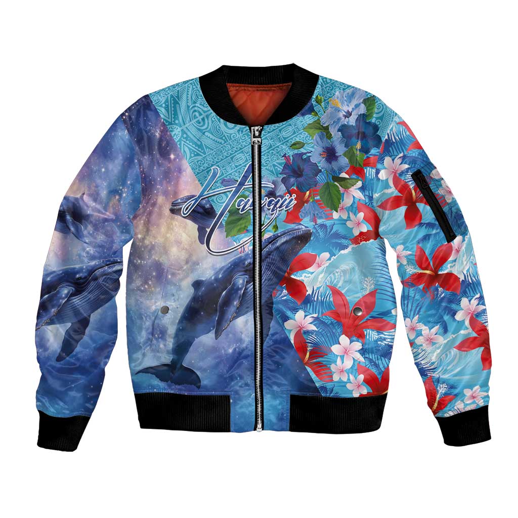 Hawaii Aloha Whales Sleeve Zip Bomber Jacket Hibiscus and Whales with Polynesian Pattern LT03 Unisex Blue - Polynesian Pride