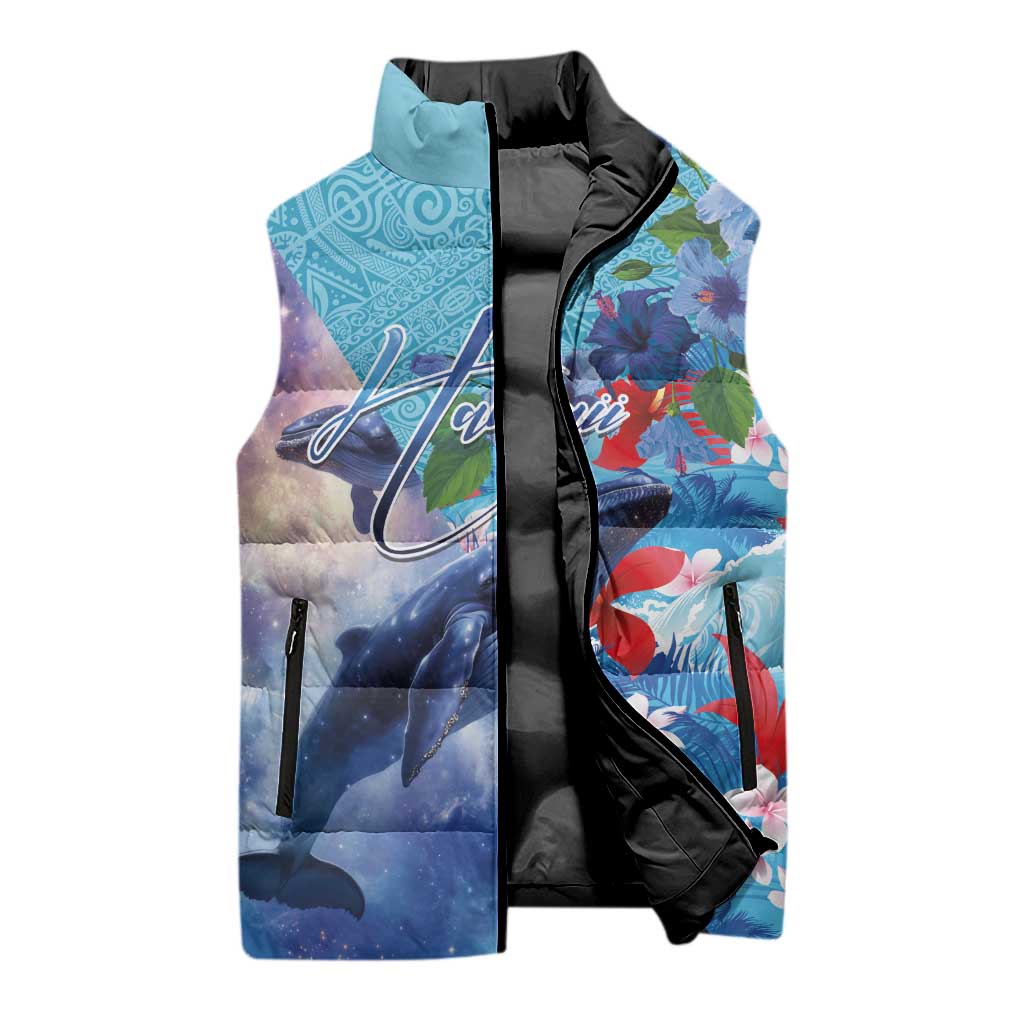 Hawaii Aloha Whales Sleeveless Puffer Jacket Hibiscus and Whales with Polynesian Pattern LT03 - Polynesian Pride