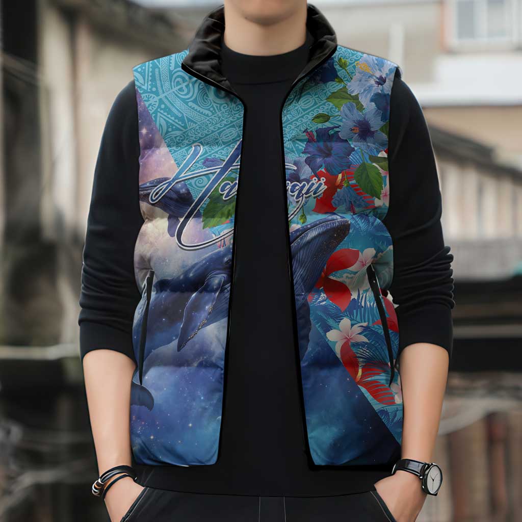 Hawaii Aloha Whales Sleeveless Puffer Jacket Hibiscus and Whales with Polynesian Pattern LT03 - Polynesian Pride