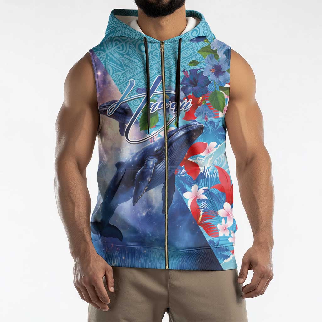 Hawaii Aloha Whales Sleeveless Zip Hoodie Hibiscus and Whales with Polynesian Pattern - Polynesian Pride