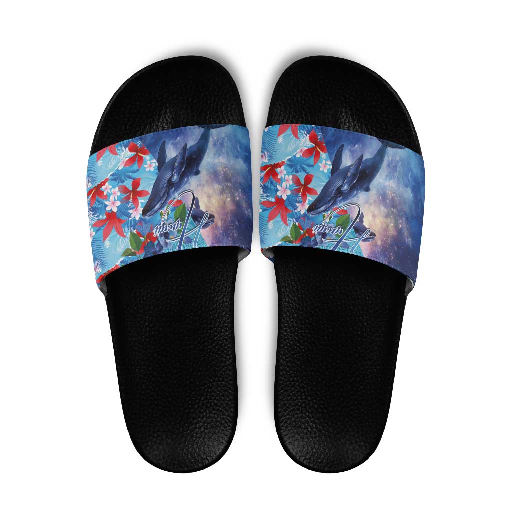 Hawaii Aloha Whales Slide Sandals Hibiscus and Whales with Polynesian Pattern - Polynesian Pride
