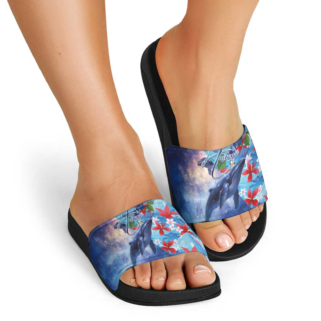 Hawaii Aloha Whales Slide Sandals Hibiscus and Whales with Polynesian Pattern - Polynesian Pride