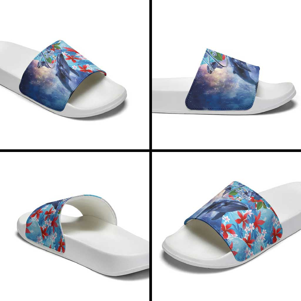 Hawaii Aloha Whales Slide Sandals Hibiscus and Whales with Polynesian Pattern - Polynesian Pride
