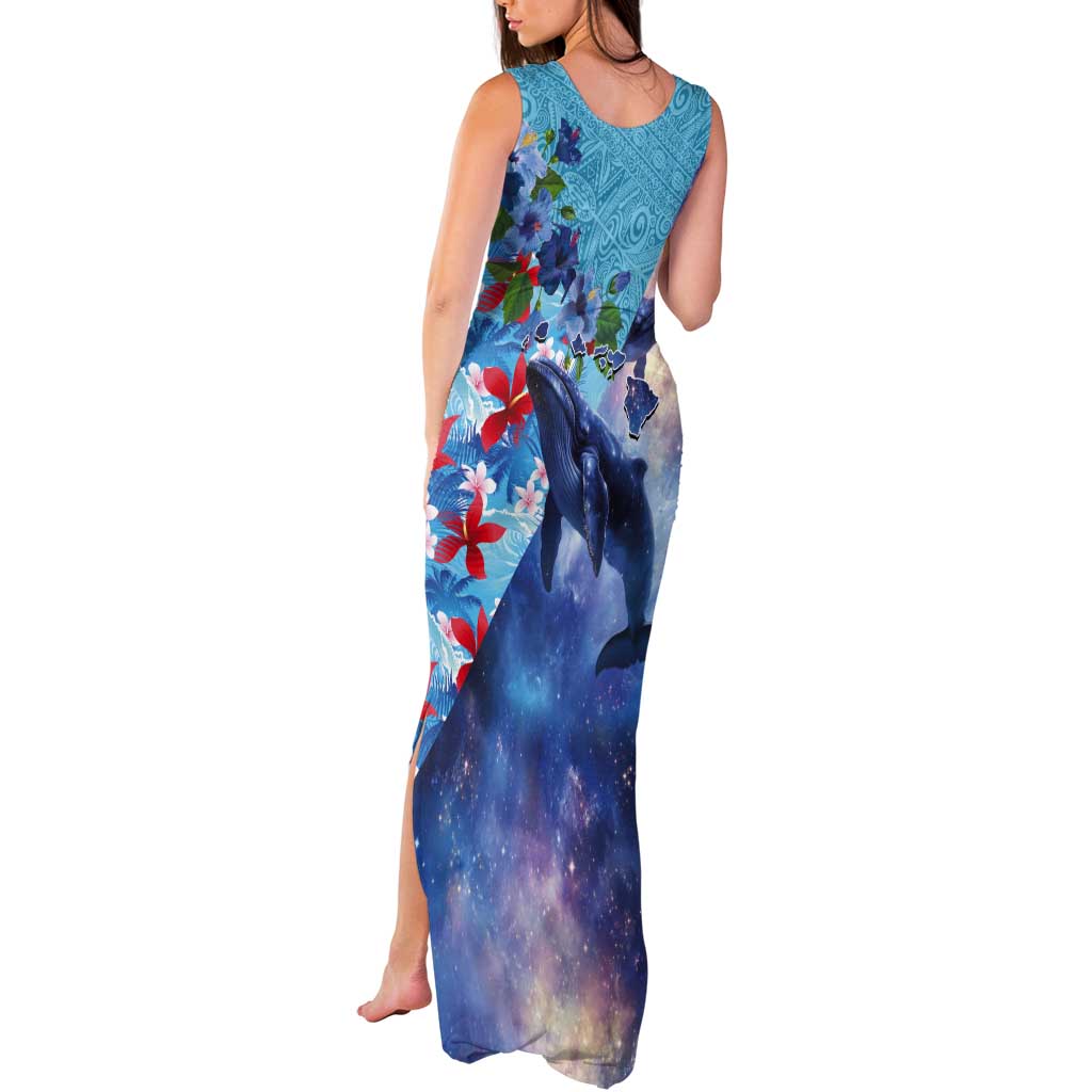 Hawaii Aloha Whales Tank Maxi Dress Hibiscus and Whales with Polynesian Pattern - Polynesian Pride