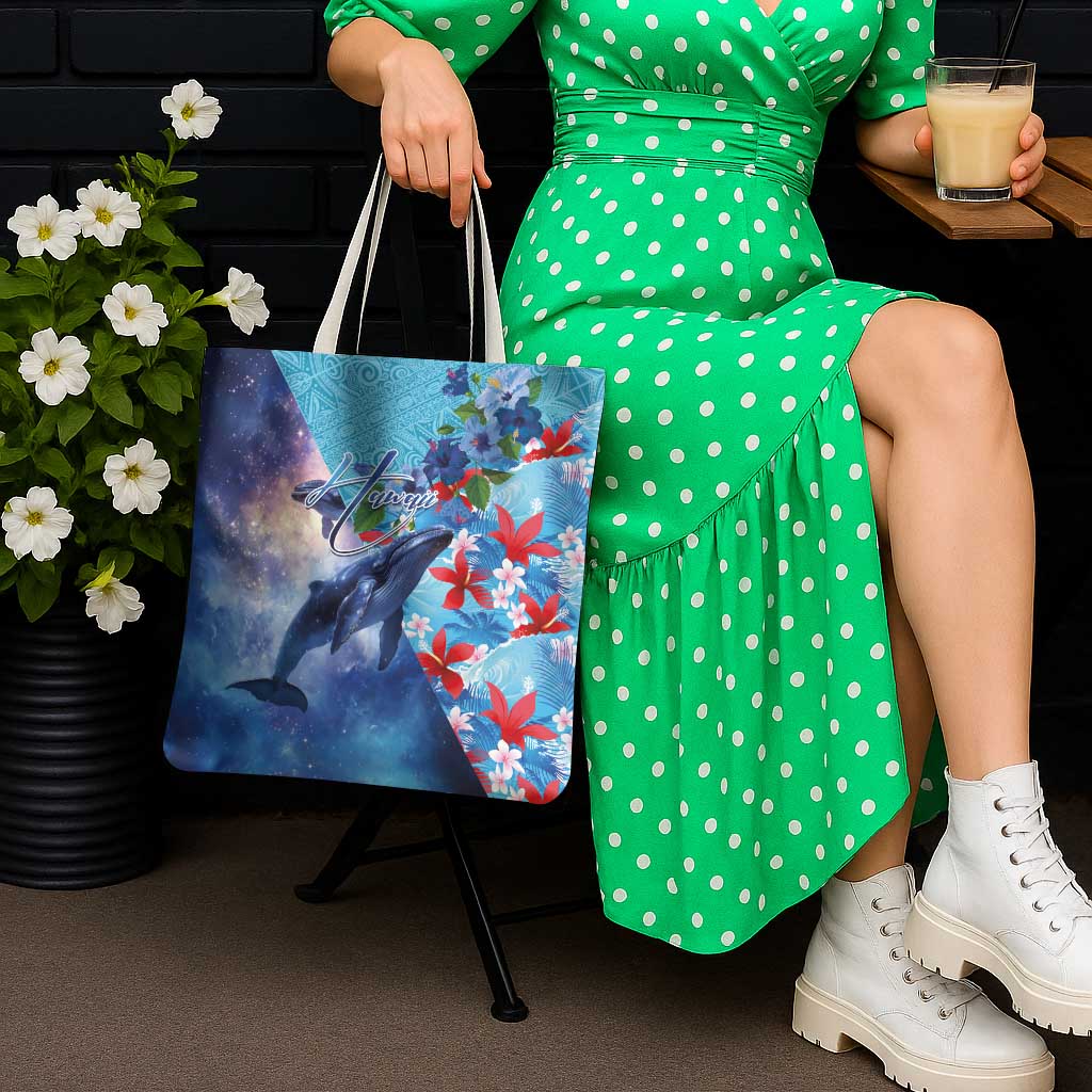 Hawaii Aloha Whales Tote Bag Hibiscus and Whales with Polynesian Pattern - Polynesian Pride